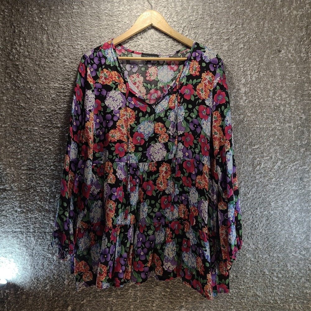 Cynthia Rowley Floral Crepe Tiered Keyhole Babydoll‎ Top Boho Peasant L Viscose